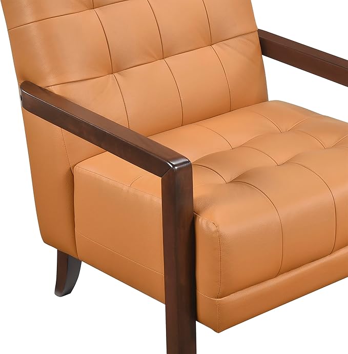 Lexicon Modern Accent Chair, Luxury Genuine Leather Match Living Room Chair with Tufted Cushions, Solid Wood Frame and Arm Rest, Comfy Upholstered Single Seat for Bedroom/Reading/Office, Orange