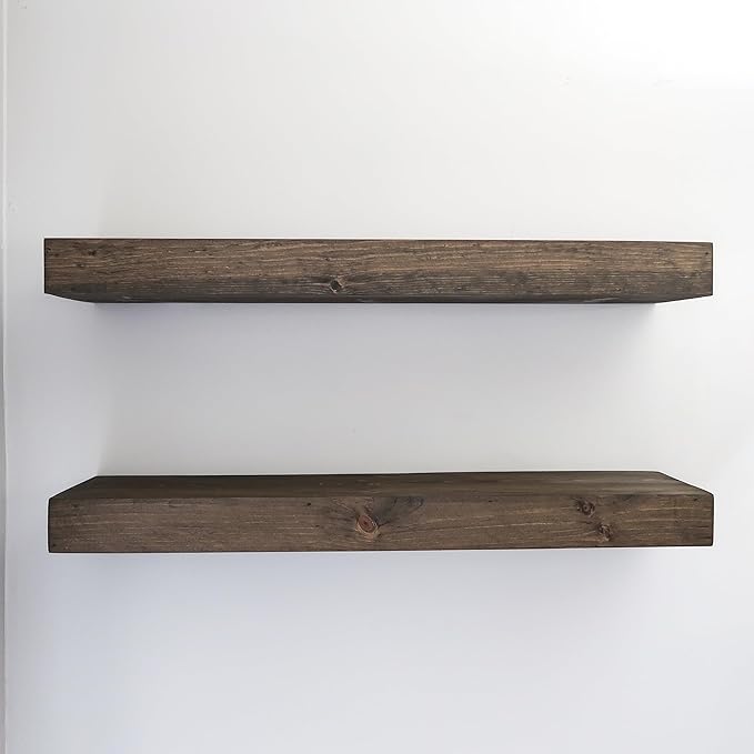 Urbandi Modern Floating Shelves 3 Inches Thick for Wall, Wide Shelves for Kitchen, Living Room, Bedroom, and Bathroom, Natural Pine Wood, Rustic Wooden Shelf, (Set of 2) (Jacobean, 48Lx3Hx8D)