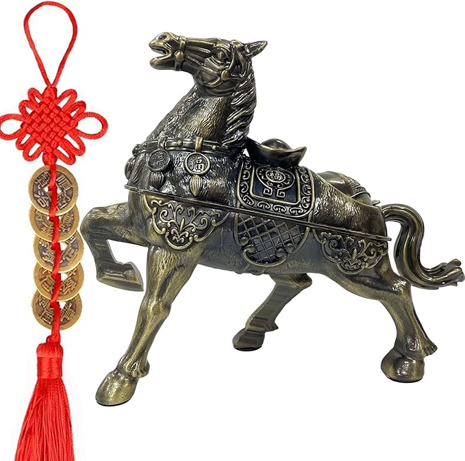 Metal Ornament Galloping Horse Statue Classic Bronze Finish Luxury Home Decor Multi Functional Sculpture for Living Room Office Desk Feng Shui Art with Set of 5 Lucky Charm Ancient Coins (D4 Brass)