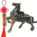 Metal Ornament Galloping Horse Statue Classic Bronze Finish Luxury Home Decor Multi Functional Sculpture for Living Room Office Desk Feng Shui Art with Set of 5 Lucky Charm Ancient Coins (D4 Brass)