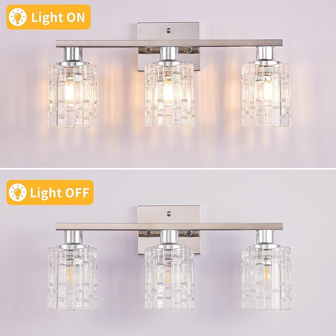 3 Light Silver Chrome Bathroom Vanity Light Over Mirror, Modern Vanity Lighting with Crystal Glass Shade, Wall Mount Bathroom Light Fixtures, E26 Base