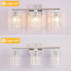3 Light Silver Chrome Bathroom Vanity Light Over Mirror, Modern Vanity Lighting with Crystal Glass Shade, Wall Mount Bathroom Light Fixtures, E26 Base