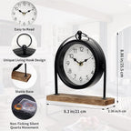 Vintage Small Table Clock, Black Metal Farmhouse Table Clock with Wooden Base, Silent Non-Ticking Battery Operated Desk and Shelf Clocks for Living Room, Kitchen, Bedroom Decor