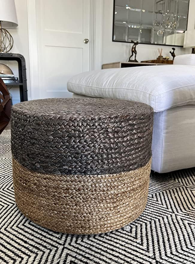 S & L Homes Pouf Ottoman - 100% Jute Braided Footrest Pouf Hand Knitted Traditional Cord Boho Pouffe for Living Room, Bedroom, Nursery, Patio, Lounge Colorblock - Natural Brown (20”x20”x10”)