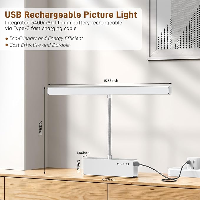 Picture Light, 15.35inch Wireless Picture Lights for Wall Rechargeable, Battery Lights for Pictures on Wall, 3 Color Art Lighting for Paintings with Timer and Dimmable Artwork Display (Silver-2PCS)