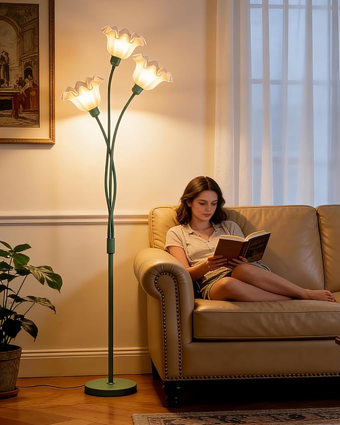 Flower Floor Lamp for Living Room, Modern Tree Floor Lamp with Adjustable Heads, 3 Light 3000K Soft Warmwhite Mid Century Standing Tall Lamp for Bedroom Kids Room-Green