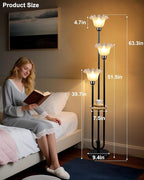 Flower Floor Lamp for Living Room, Dimmable Vintage Floor Lamp with Shelf &3 LED Bulbs, 3 Light 3000K Soft Warmwhite Mid Century Black Standing Lamp, Floral Tall Lamp for Bedroom Office