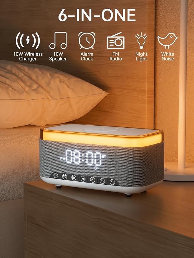 Bluetooth Speaker Alarm Clock with 10w Fast Wireless Charger for iPhone Samsung, 10W Stereo Bluetooth Speaker, 12-Color Night Light, White Noise Machine Digital Clock with FM Radio for Bedroom