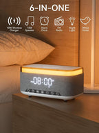 Bluetooth Speaker Alarm Clock with 10w Fast Wireless Charger for iPhone Samsung, 10W Stereo Bluetooth Speaker, 12-Color Night Light, White Noise Machine Digital Clock with FM Radio for Bedroom