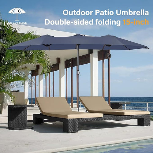 15ft Large Patio Umbrellas with Base Included, Outdoor Double-Sided Rectangle Market Umbrella with Stand, Outside Umbrellas for Poolside Lawn Backyard