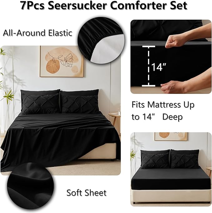 CozyLux California King Comforter Set Black - 7 Pieces Cal King Pintuck Bed in A Bag Gift for Family, Pinch Pleat Bedding Sets with All Season Comforter, Sheets, Pillowcases & Shams