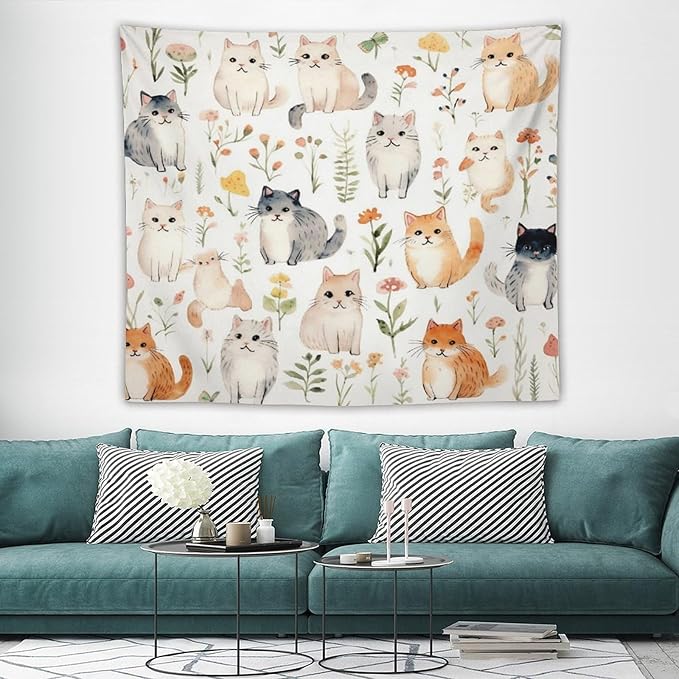 VUMIVI Cute Cat Tapestry Cartoon Pets Flowers Mushrooms Butterflies Watercolor Illustrations Tapestry Wall Hanging for Living Room Bedroom Dorm Classroom Aesthetic Decor W60xL50in