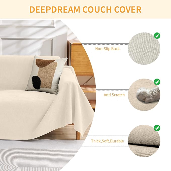 Deep Dream Cat-Scratch Resistant Couch Cover, Waterproof Sofa Cover for 3 Cushion Couch Washable, Pet Friendly Couch Protectors Anti Slip Thickened Sofa Slipcovers for Dogs Pets, 71" x 134", Beige