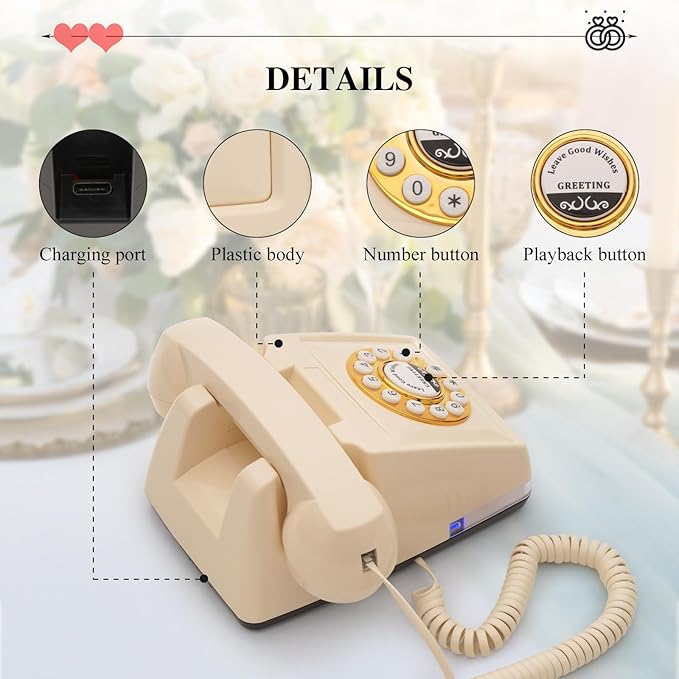 UKBW Audio Guest Book Wedding Phone, 32G Record Customized Audio Message with Guest Book, Retro Style Audio Guestbook for Birthdays Parties Confessions Special Occasions, Beige