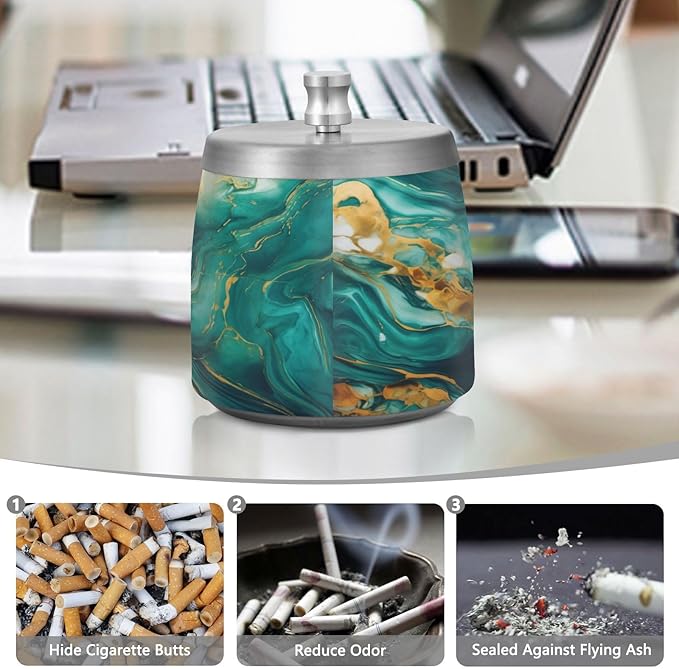 Green Gold Marble Textures Ashtray with Lid, Outdoor Ashtrays for Patio, Stainless Steel Ashtray Odorless Smokeless for Home Office Balcony