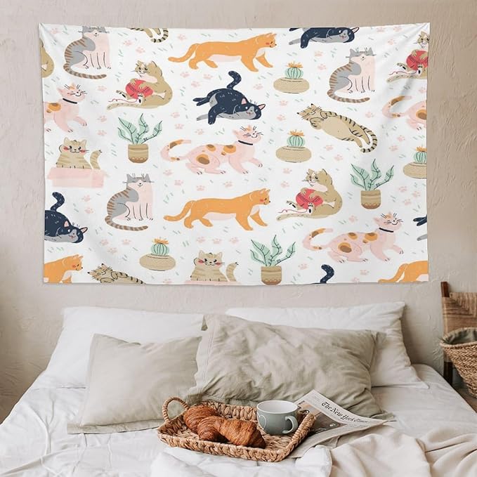 VUMIVI Cute Cat Tapestry Kids Hand-Painted Doodles Colorful Illustrations Potted Plants Paw Prints Tapestry Wall Hanging for Living Room Bedroom Dorm Classroom Aesthetic Decor W90xL60in