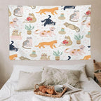 VUMIVI Cute Cat Tapestry Kids Hand-Painted Doodles Colorful Illustrations Potted Plants Paw Prints Tapestry Wall Hanging for Living Room Bedroom Dorm Classroom Aesthetic Decor W90xL60in