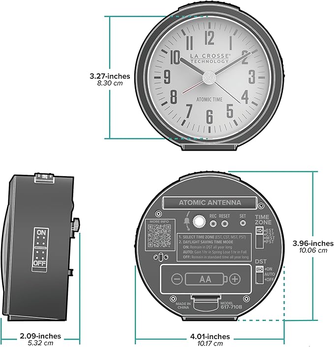 La Crosse Technology 617-710B-INT 4-Inch Round Black Atomic Analog Alarm Clock