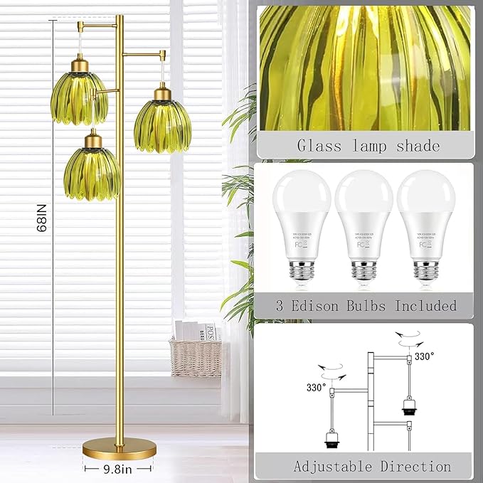 Vintage Floor Lamps for Living Room-3 Light Gold Floor Lamp with Three Bulbs & Glass Lampshape,Glass Mid Century Modern Standing Lamp Tree Tall Flower Floor Lamp for Bedroom Living Room,Corner
