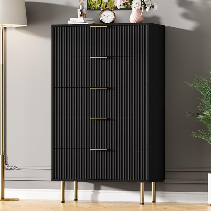 GarveeHome 5 Drawers Dresser for Bedroom, Fluted Dresser Chest of Drawers with Handle, Wood Modern Dressers for Closet, Bedroom Furniture Storage Organizer for Living Room, Hallway