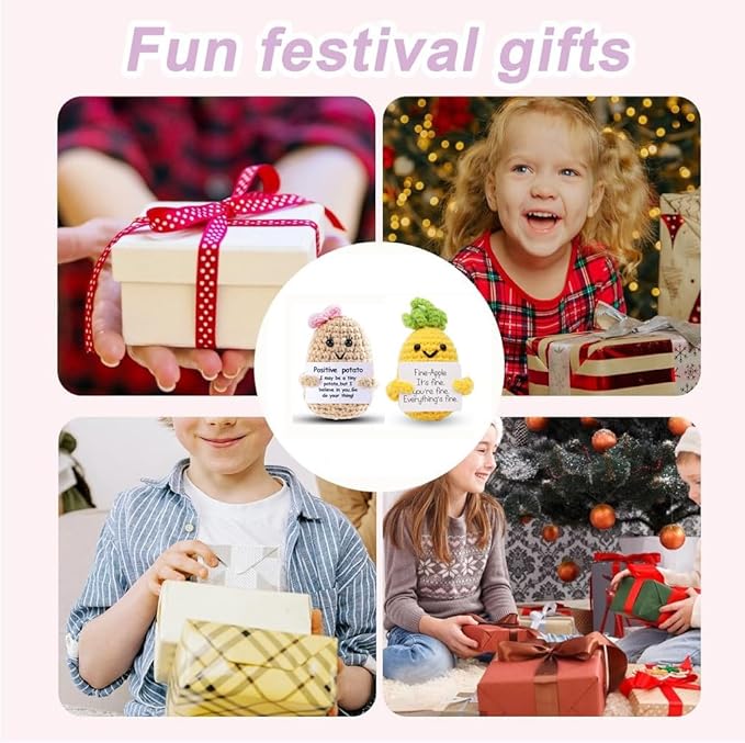 WASTIME Funny Knitted Wool Doll Toy with Positive Card - Creative Cute Mini Crochet Positive Potato Dolls Cheer Up Gift for Family Kids Friends Encouragement Decoration (Potato Girl & Pineapple)