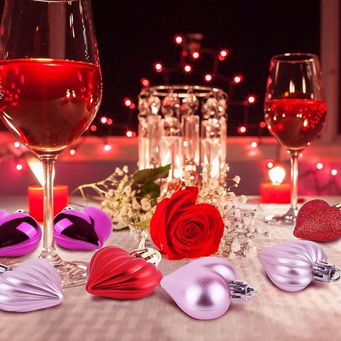 Elcoho 48 Heart Shaped Baubles Hanging Ornaments, Pink, Plastic, Valentine's Day, Christmas, New Year, Wedding, Anniversary