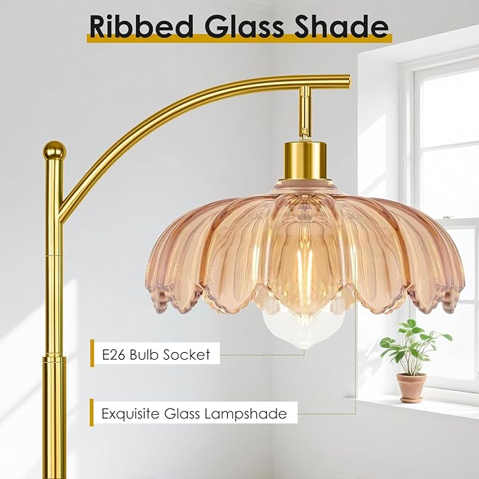Gold Floor Lamp for Living Room with Remote,Unique Vintage Standing Tall Lamp,Mid Century Modern Floor Lamps Arc Glass Floor Lamps for Office Corner