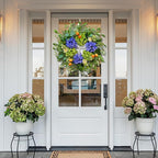 Spring Wreaths for Front Door 24 Inch, Summer Wreath Outdoor，Silk Hydrangea Wreath with White Blossoms & Mini Mandarins, Rustic Farmhouse Indoor & Outdoor Seasonal Wreath, Spring&Summer Home Decor