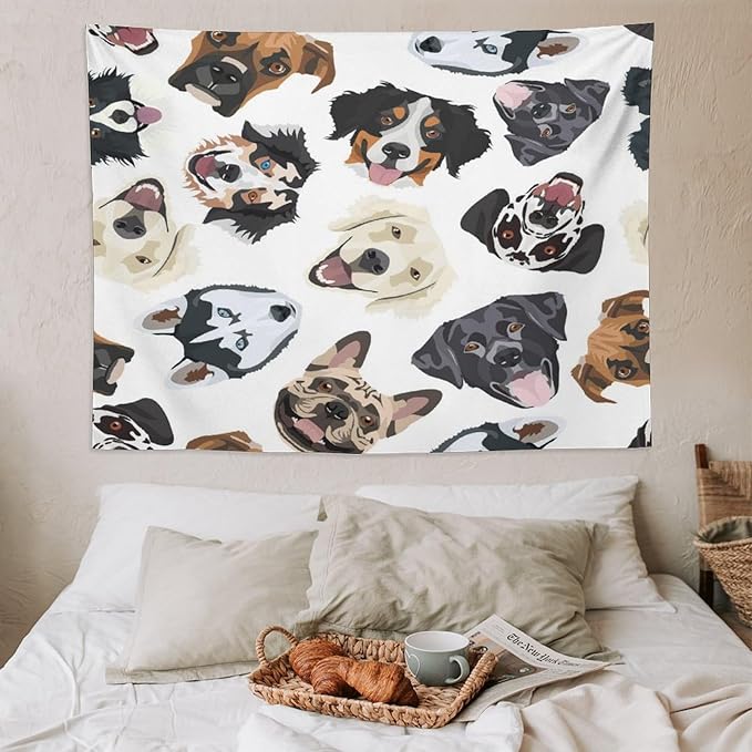 VUMIVI Dog-Head Tapestry Cartoon Pet Illustrations Cute Funny Animals Colorful Graffiti Tapestry Wall Hanging for Living Room Bedroom Dorm Classroom Aesthetic Decor W80xL60in