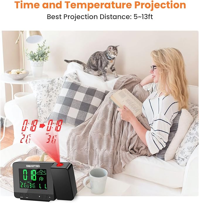 SMARTRO SC31B Digital Projection Alarm Clock with Weather Station, Indoor Outdoor Thermometer for Bedrooms, USB Charger, AC Battery Operated