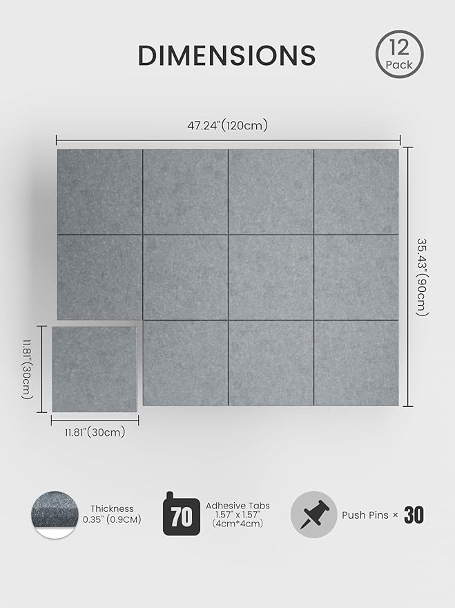 Bumusty Large Cork Board 48" x 36" Alternative - 12 Pack Felt Wall Tiles with 70 Safe Removable Adhesive Tabs, 30 Pushpins, Cork Boards for Walls Pin Board Bulletin Board Office Decor (Blue Gray)