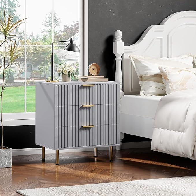 GarveeHome 3 Drawer Dresser for Bedroom, Fluted Modern Nightstand with Deep Drawers, Chest of Drawers with Wide Top, Wooden Dresser Organizer, Side Table for Living Room, Hallway, Kids Room, Grey