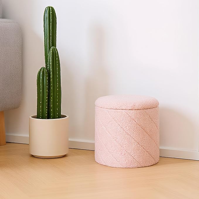 13" Foldable Boucle Round Storage Ottoman,Space-Saving Footrest/Seating/Coffee Table for Small Apartments,Dorms & Bedrooms-Pink