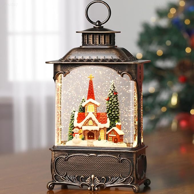 Church Snow Globe Christmas Decorations Gifts Snowman Cabin Cardinal Tree USB/Battery Timer Music Glitter Snowfall Lantern 10.2 inch