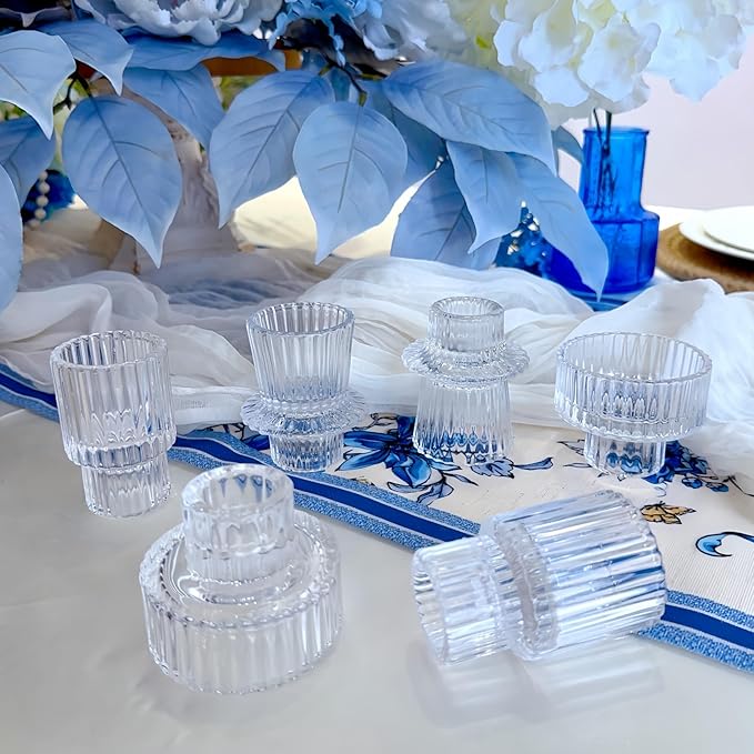 Double Sided Vintage Ribbed Taper Glass Candle Holders,Tea Candle Holder for Table Centerpieces, Wedding Decorations and Dinner Parties (Clear, 3 PCS)