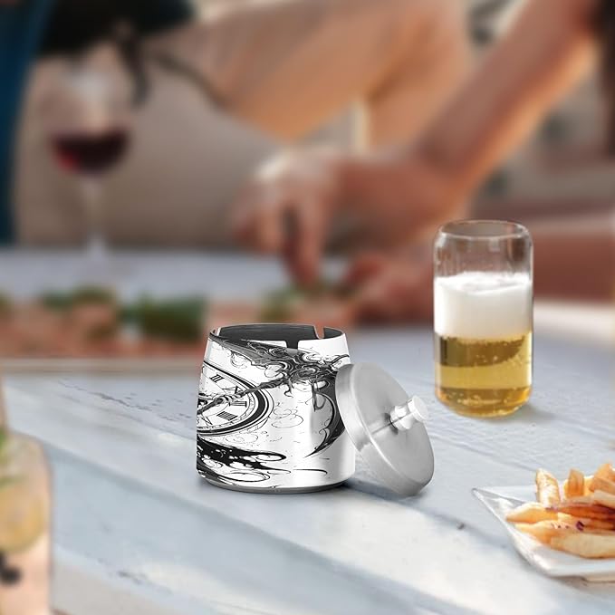 Black Death Ashtray with Lid, Outdoor Ashtrays for Patio, Stainless Steel Ashtray Odorless Smokeless for Home Office Balcony