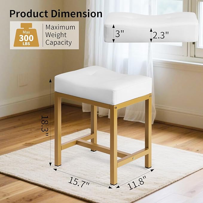 Saddle Seat Vanity Stool, Makeup Stool Chair with Metal Leg, U-Shaped PU Leather Ottoman Foot Rest, Small Square Chairs Under Desk for Vanity, Living Room, Modern Makeup Bench White&Gold