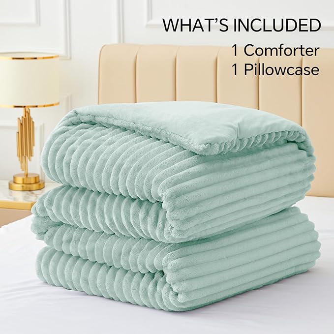 BEDELITE Fleece Twin Comforter Set -Super Soft & Warm Fluffy Light Green Bedding, Luxury Fuzzy Heavy Bed Set for Winter with 1 Pillow case