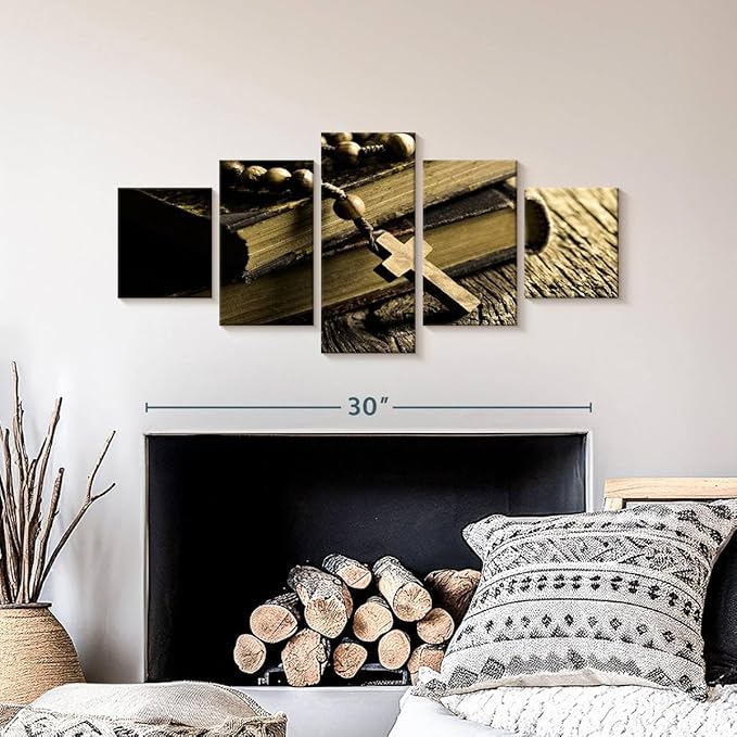 Elephant Stock Bible And Cross Wall Art Multi Piece Canvas - 5 Panel Christian Pictures Decor - Digital Design Canvas Print - Christian Wall Decor - 36" X 15"