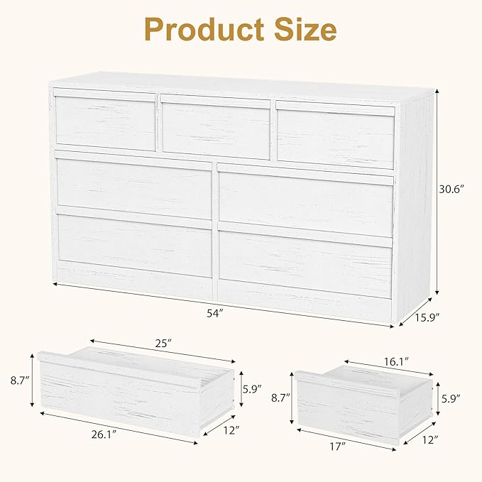 GarveeHome 7 Drawer Dresser for Bedroom, 54in Wide Antique White 7 Chest of Drawers with Large Storage, Wooden Dresser Organizer for Living Room, Nursery, Entryway