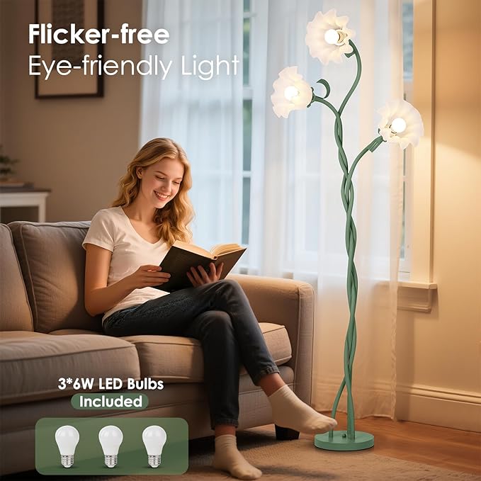 Floor Lamp for Living Room, 3 Lights Green Flower Lamp, Modern Tall Standing Lamp with 3 Color Temperatures Flexible Gooseneck, Mid Century Vintage Tree Floor Lamp for Bedroom Office
