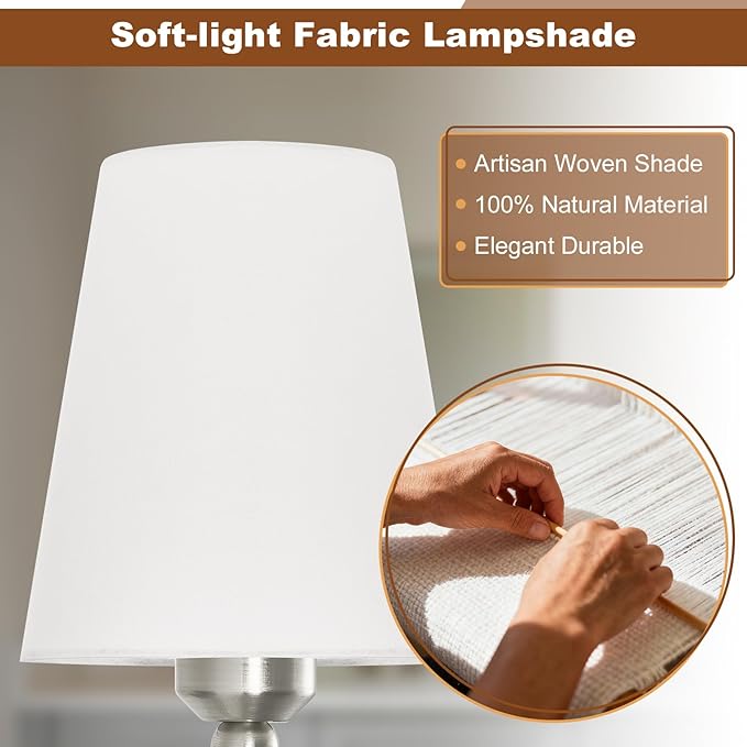 Modern Wall Sconces Set of 2, Hardwired Wall Lights with Flared White Fabric Shade, Brushed Nickel Wall Lamps for Bedroom Bedside Stairway Bathroom Living Room(ETL Listed)