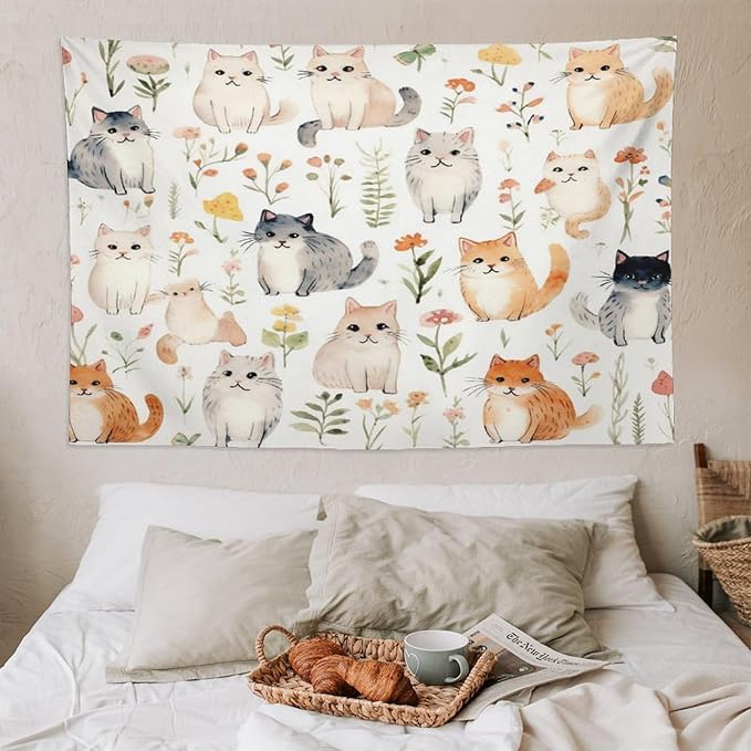 VUMIVI Cute Cat Tapestry Cartoon Pets Flowers Mushrooms Butterflies Watercolor Illustrations Tapestry Wall Hanging for Living Room Bedroom Dorm Classroom Aesthetic Decor W90xL60in