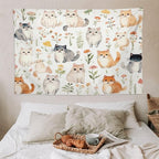VUMIVI Cute Cat Tapestry Cartoon Pets Flowers Mushrooms Butterflies Watercolor Illustrations Tapestry Wall Hanging for Living Room Bedroom Dorm Classroom Aesthetic Decor W90xL60in