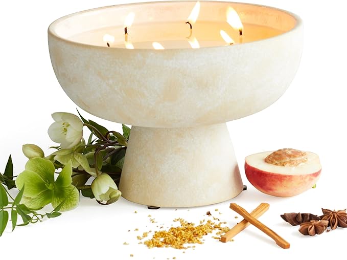 Blueme Calm Candle | Osmanthus & Sandalwood | 6 Wick - Refillable Wellness Candle with Essential Oils, Hand Finished & Poured Soy Wax Blend Ceramic Vessel, Natural Cotton Wicks | Giant 45 oz