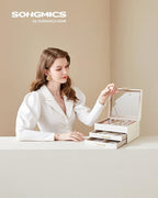 SONGMICS GISELLA Collection - Jewelry Box Organizer, 3-Layer Jewelry Storage with 2 Drawers, Shiny Metal Hardware, Glass Lid, Modern, 8 x 9.1 x 5.3 Inches, Cloud White and Gold Color UJBC239WT