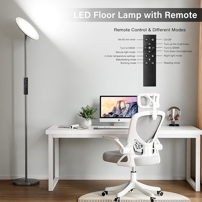 LED Floor Lamp with Remote, Touch Control, Fully Dimmable, Adjustable Brightness, 69 in, Deep Grey