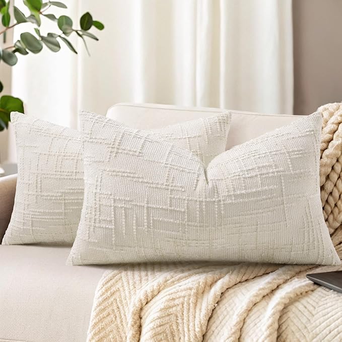 decorUhome Spring Cream White Chenille Throw Pillow Covers 12x20 Set of 2 Textured Soft Cozy Slubby Couch Pillow Covers Modern Farmhouse Boho Decorative Pillow Cases for Bed Sofa Living Room