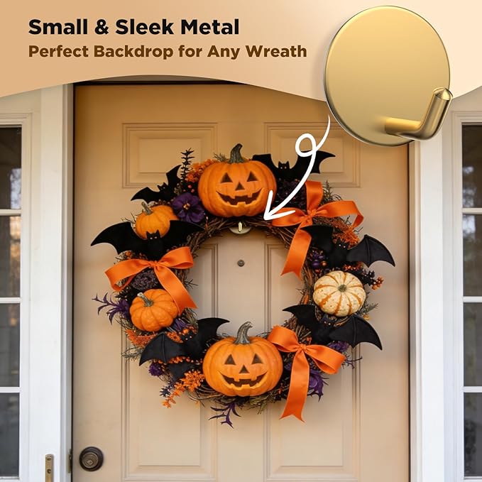 OUTXE Adhesive Wreath Hanger, Heavy Duty Reef Hook | for Front Door Glass Window | for Christmas/Thanksgiving/Halloween/July 4th/Easter/Valentine/Fall/Summer/Spring (Gold, 4-Pack)