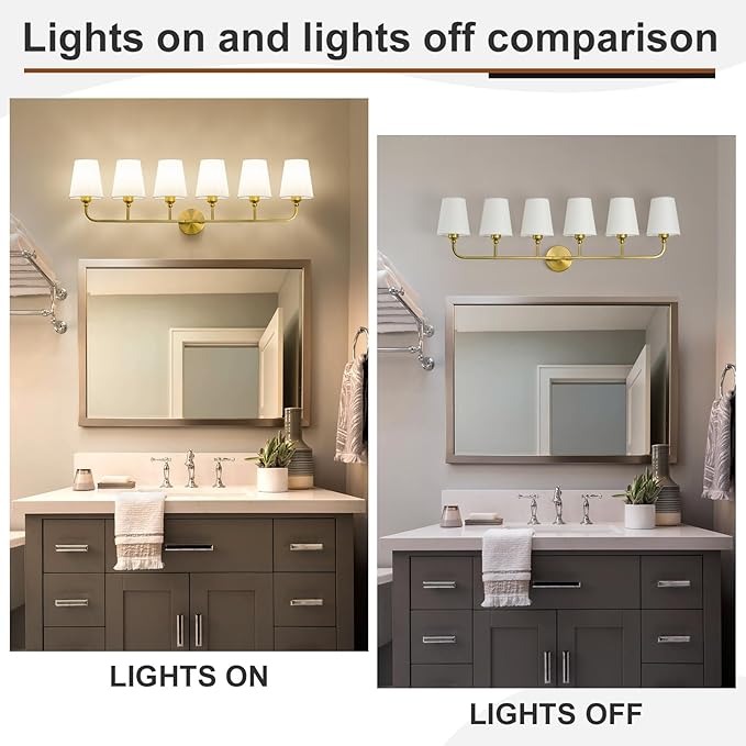Kvhilw Bathroom Vanity Light, Brushed Gold Bathroom Light Fixtures, 6-Light Lighting Fixtures Over Miror, Modern Wall Sconce with Flared White Fabric Shade, E26 Socket(ETL Listed)